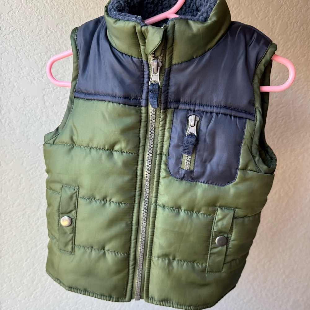 Green and Blue Quilted Puffer Vest with High Collar